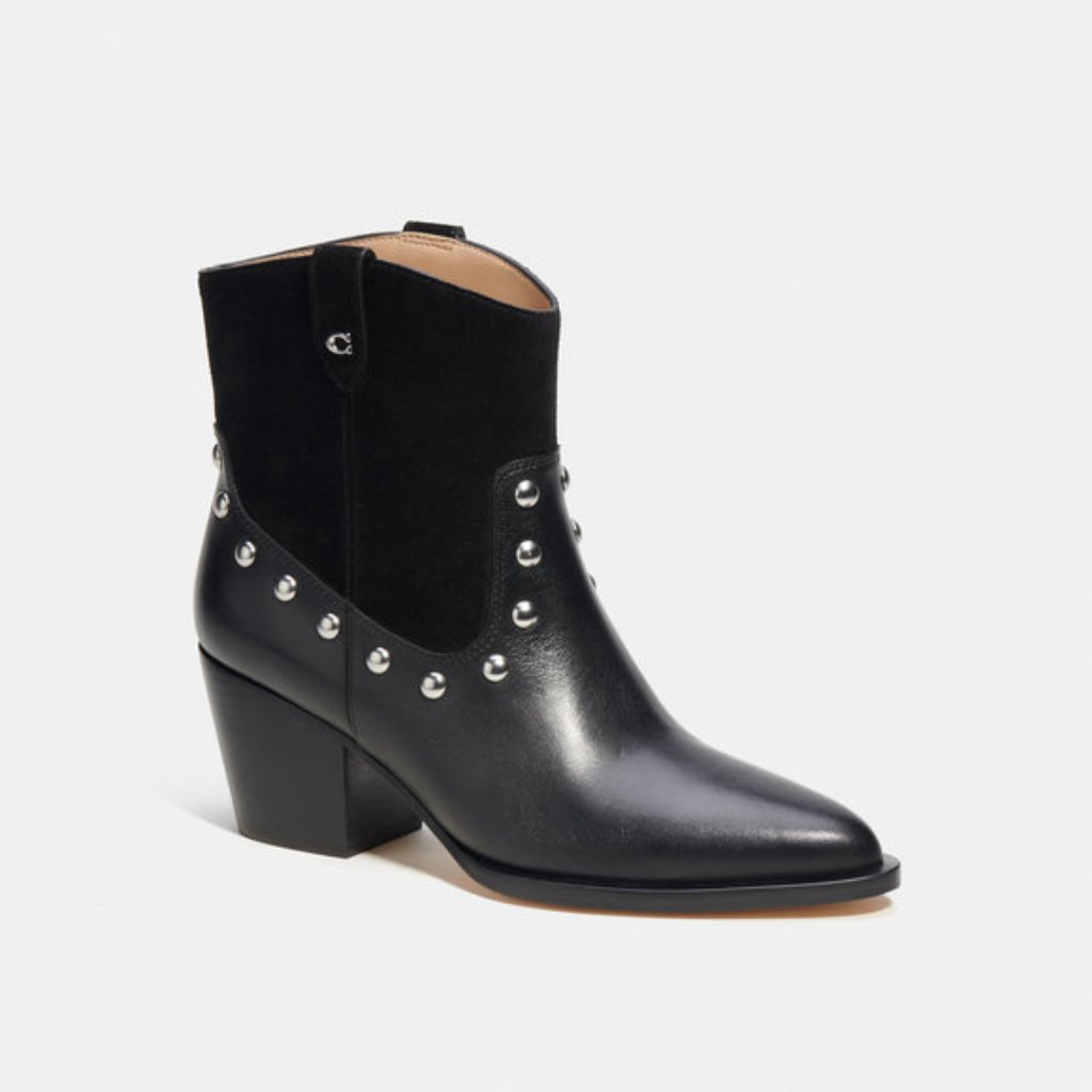 Coach Pauline Bootie In Black Leather With Silver Studs (Black) Sz 8